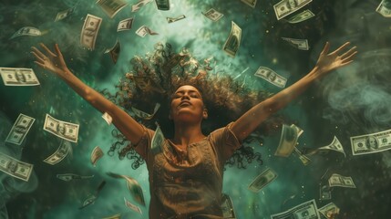 A person stands amidst a whirlwind of floating cash, representing financial freedom