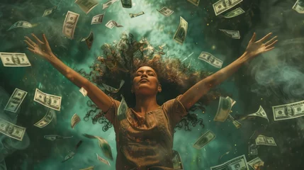Tuinposter A person stands amidst a whirlwind of floating cash, representing financial freedom © Andrey