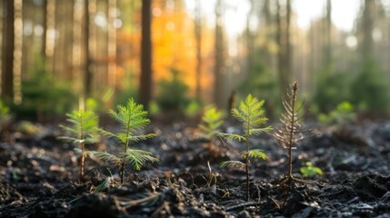 Restoration of the forest. Young trees and plants initiating the regeneration of a once-deforested area