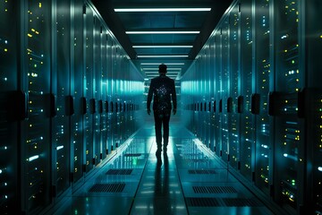 Tech professional powers up advanced server with holographic display in futuristic digital data center. Concept Technology, Servers, Holographic Display, Data Center, Future Technology,