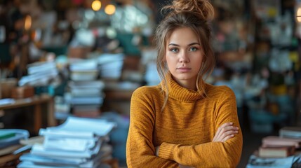 Fototapeta premium Stressed employee in her office with a pile of documents and work papers. Created with generative AI.