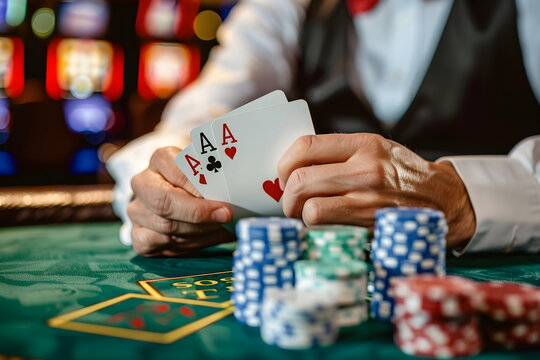 Playing poker in a casino, woman hand show playing cards