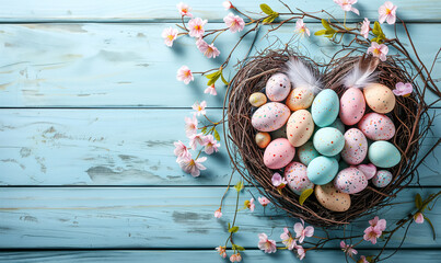 heart shaped natural nest with colorful easter eggs on blue wooden planks - 741263838