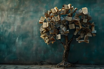 A tree made by books on a wall background