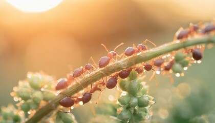 Fila de hormigas escalando planta - obrazy, fototapety, plakaty