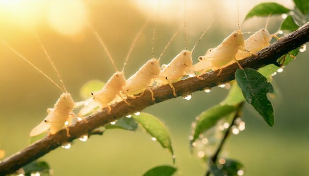 Fila de grillos cantando en una rama