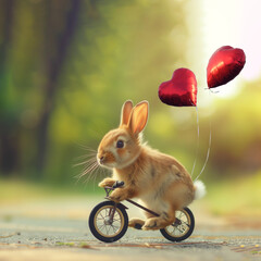 funny easter bunny is riding a bicycle with red heart balloons - 741264620