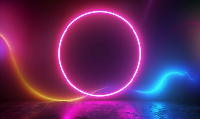 3d render, abstract neon background. Glowing neon ring, gradient light. Blank round frame, Generative AI