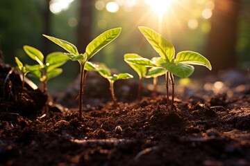 Green seedling sprouting from dark soil towards warm sun rays for new beginnings