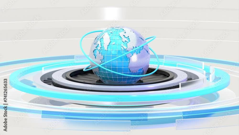 Poster animation of white and blue digital globe rotating with blue lines moving around white arrows pointi