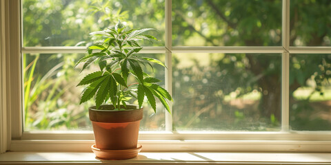Homegrown medical weed growth. Grow your own drugs for home responsible use. Home-grown cannabis plants in flower pot on window sill at home. - obrazy, fototapety, plakaty