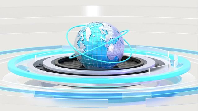 Animation of white and blue digital globe rotating with blue lines moving around white arrows pointing to the right on white background. Global technology and information network concept.