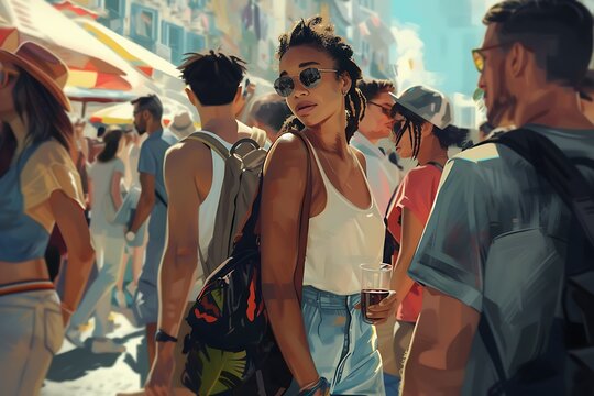 A digital painting portraying people of different ethnicities exploring a bustling city during a summer street festival.