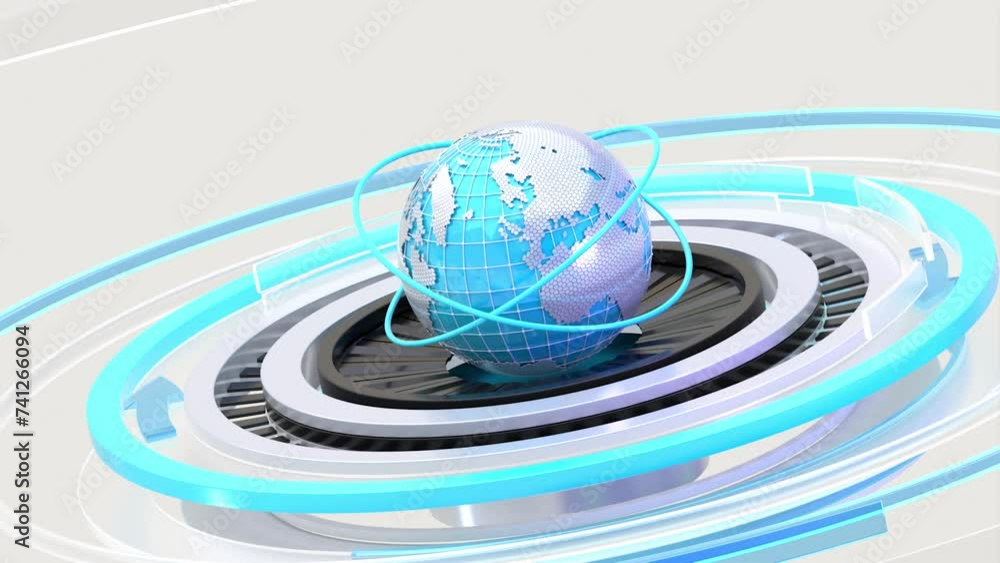 Aufkleber animation of white and blue digital globe rotating with blue lines moving around white arrows pointi