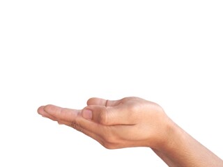 The man's hands open and stretched forward with two hands. On a white background business concept.