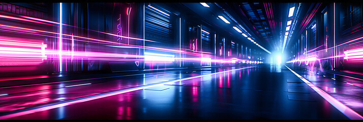 Futuristic Technology Corridor, Blue Neon Lights in Modern Design, Abstract Background of Speed and Innovation