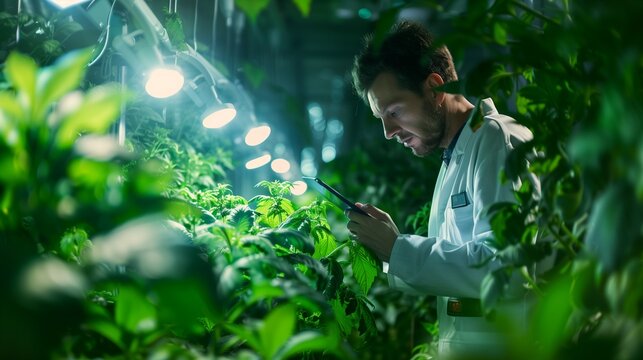 A professional agronomist attentively uses a tablet to assess and record the health of plants in a high-tech indoor agricultural environment.
