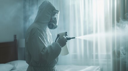 Disenfector in a protective suit and mask cleans the infected bedroom from insects, rodents, bedbugs, mold and bacteria. Aerosol disinfection, Pest control industry - obrazy, fototapety, plakaty