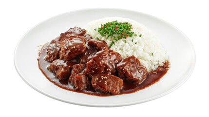 Barbecued red pork in sauce with rice on isolated on transparent png background. Generative ai