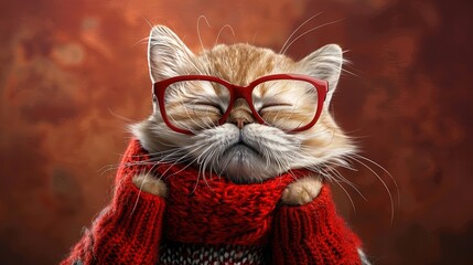 Red grumpy cat in red glasses and a red knitted sweater does not want to wear a warm winter sweater, spring is coming, the warmth will come - obrazy, fototapety, plakaty