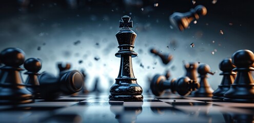 chess game dramatic battle, black rook chess piece aggressive move. Successful business planning, defeat concept, Generative AI - obrazy, fototapety, plakaty