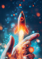 new Startup business concept, rocket is launching and flying from hand to sky for growing business, fast business success - 741266827