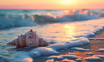 beautiful seashell at the coast in sunset - 741267026