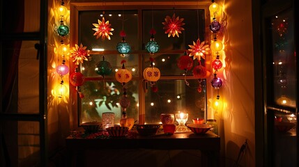 colorful diwali deepavali festive home decoration with a combination of traditional lights bright colorful diwali deepavali decorate the room