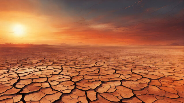 Sunset over dry cracked ground landscape.