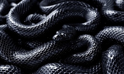 Fototapeta premium 3d render, abstract background with black snake with metallic scales texture, Generative AI