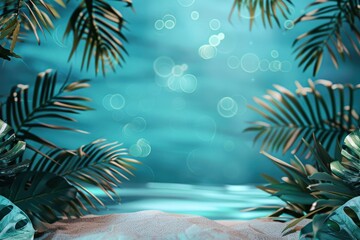 Summer tropical background, illustration. Tropical leaves, blue sea, sandy beach. Beautiful sea background, concept of vacation, travel