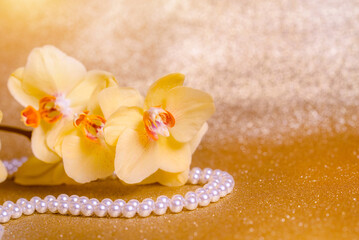 Obraz na płótnie Canvas yellow Orchid and pearl necklace on a shiny gold background