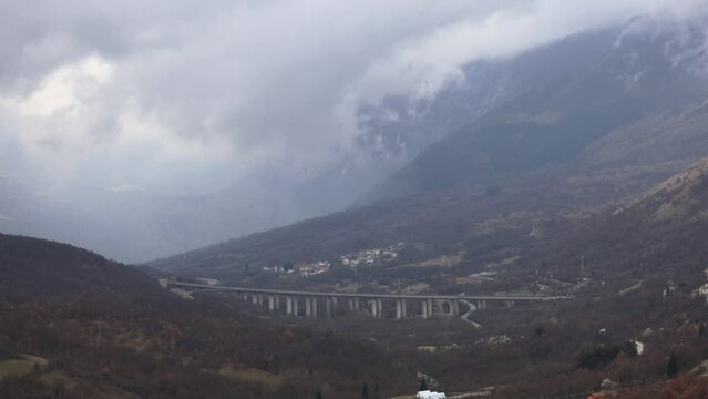 Cocullo, Italy A view of the E80 elevated highway through a valley 