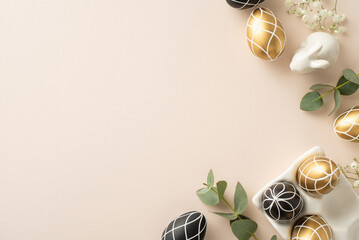 Easter upscale aesthetic: top view shot of sophisticated black and gold eggs in a ceramic dish, bunny statue, eucalyptus branches, gypsophila blooms, on a pastel beige canvas, with space for copy