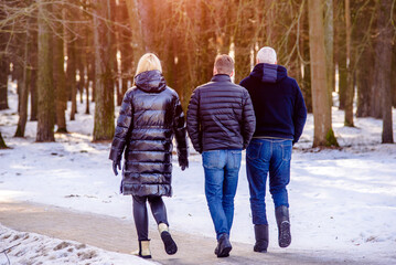 Two guys and a girl walk in the winter park
