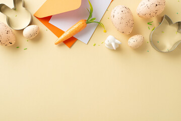 Easter crafting joy concept. Overhead shot of envelope with card, pastel eggs, ceramic bunny, baking molds, vibrant sprinkles, and fresh carrot set on a beige surface with space for text or ads
