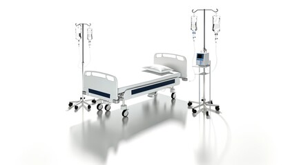 Fototapeta premium Modern Adjustable Hospital Bed Equipped with IV Drips and Vital Signs Monitor in a Clean Setting in white background.