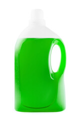 Green liquid soap or detergent in a plastic bottle