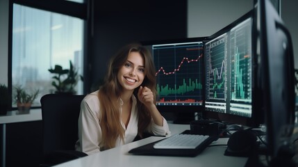 Young woman cheerful market analyst sitting at her desk with computer monitor and green and red graphs showing stock market growth smiling at camera
