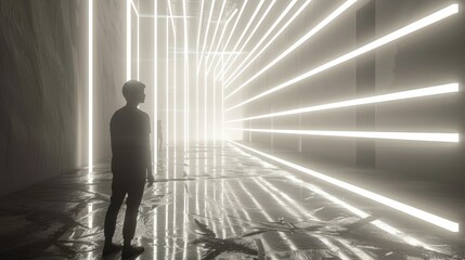 3D concept of an abstract modern art installation. Silhouetted Figure Standing in a Futuristic Hallway Illuminated by Bright Light Stripes