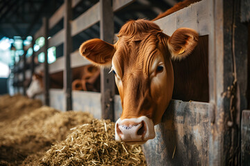 Portrait cows red jersey stand in stall eating hay. Dairy farm livestock industry.