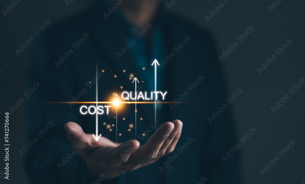 Poster cost reduction concept. quality increase and cost optimization for products or services to improve a