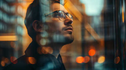 Pensive man gazing through window reflections.