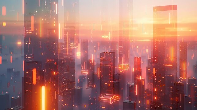 A 3D rendered visual of an abstract modern cityscape, with floating geometric buildings and a network of light streams in a sky of gradient twilight