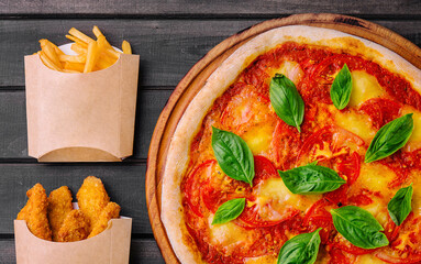 Margherita Pizza with Basil and Fries, Nuggets