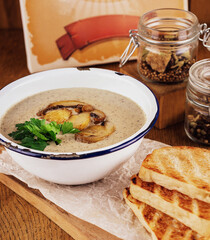 Mushroom puree soup with toasts on board