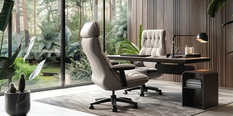 A tranquil home office setup with a serene forest view, modern furniture, and tasteful indoor plants enhancing the space.