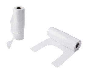 White polyethylene trash bags roll isolated on white background
