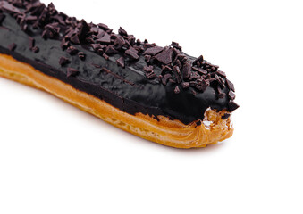 delicious chocolate French eclair on white