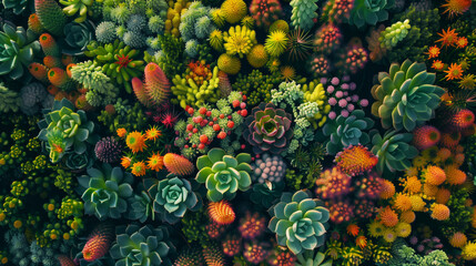 A magnificent view from above of the succulent garden, an exotic variety of cacti and succulents, bright textures and colors, botanical diversity, high-resolution nature photos - obrazy, fototapety, plakaty